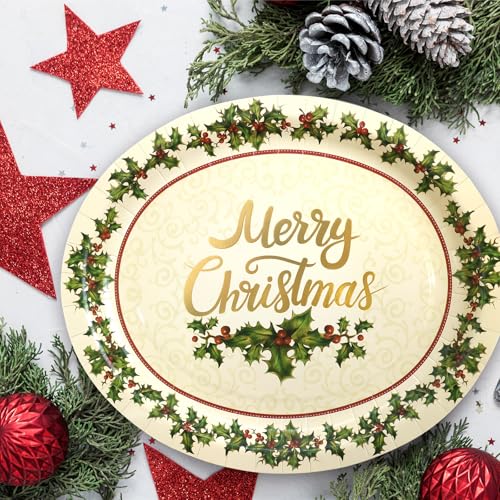 ceiba tree Christmas Holly Oval Plates Vintage Christmas Party Paper Plates Disposable Holiday Party Supplies – Image 7