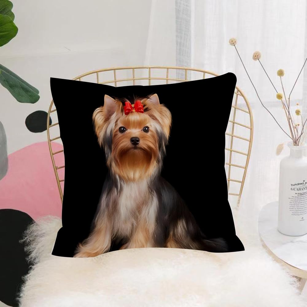 HYMSXW Cushion Cover,Throw Pillow Case Home Decorative for Living Room Bedroom Sofa Chair 20X20 Inch,Dog, a Yorkshire terrier wearing a red bow, cute and cute,Pillowcase 50X50cm