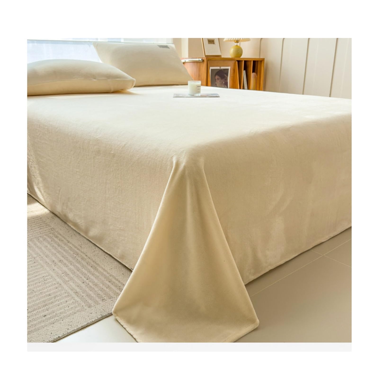 GBHMJU Fleece Flat Sheet Twin Queen King Ultra Soft Fluffy Plush Velvet Top Sheet for Fall Winter Cozy Warmth Bed Sheet(Beige,230x250cm)