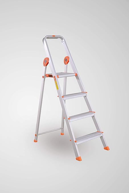 Prime Safe Step 4steps(3+1) Foldable Aluminium Ladder (5Years Warranty) with Serrated Steps & Extra Strong Platform (Silver & Orange) - EN-131 Certified.