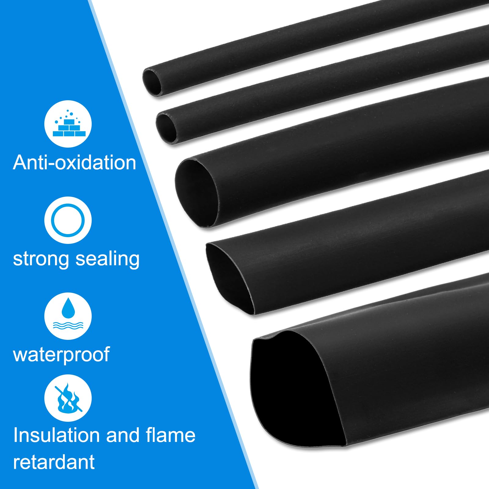 Guaina termorestringente, diametro interno 1/24", lunghezza 75,9 m, rapporto 2:1, poliolefina, guaina termorestringente per isolamento dei cavi elettrici, gestione dei cavi, nero