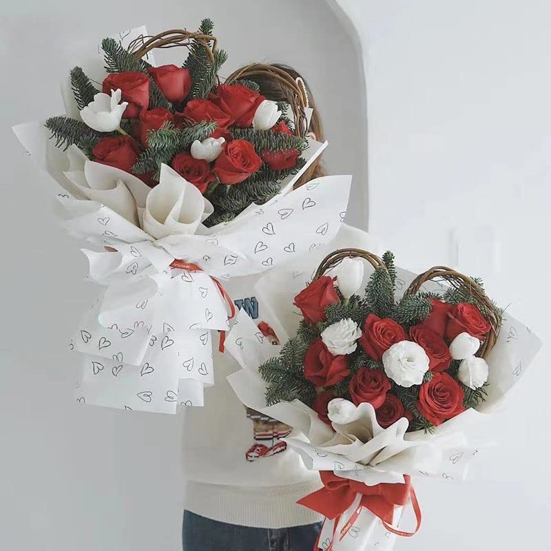 Image of Oasis 20 Sheets Korean Style Waterproof Premium Bouquet Wrapping Sheets (58 cm x 58 cm) | Red Random Heart Design Flower Wrapping Sheet | Elegant Packaging for Bouquets Gift Wrapping and More