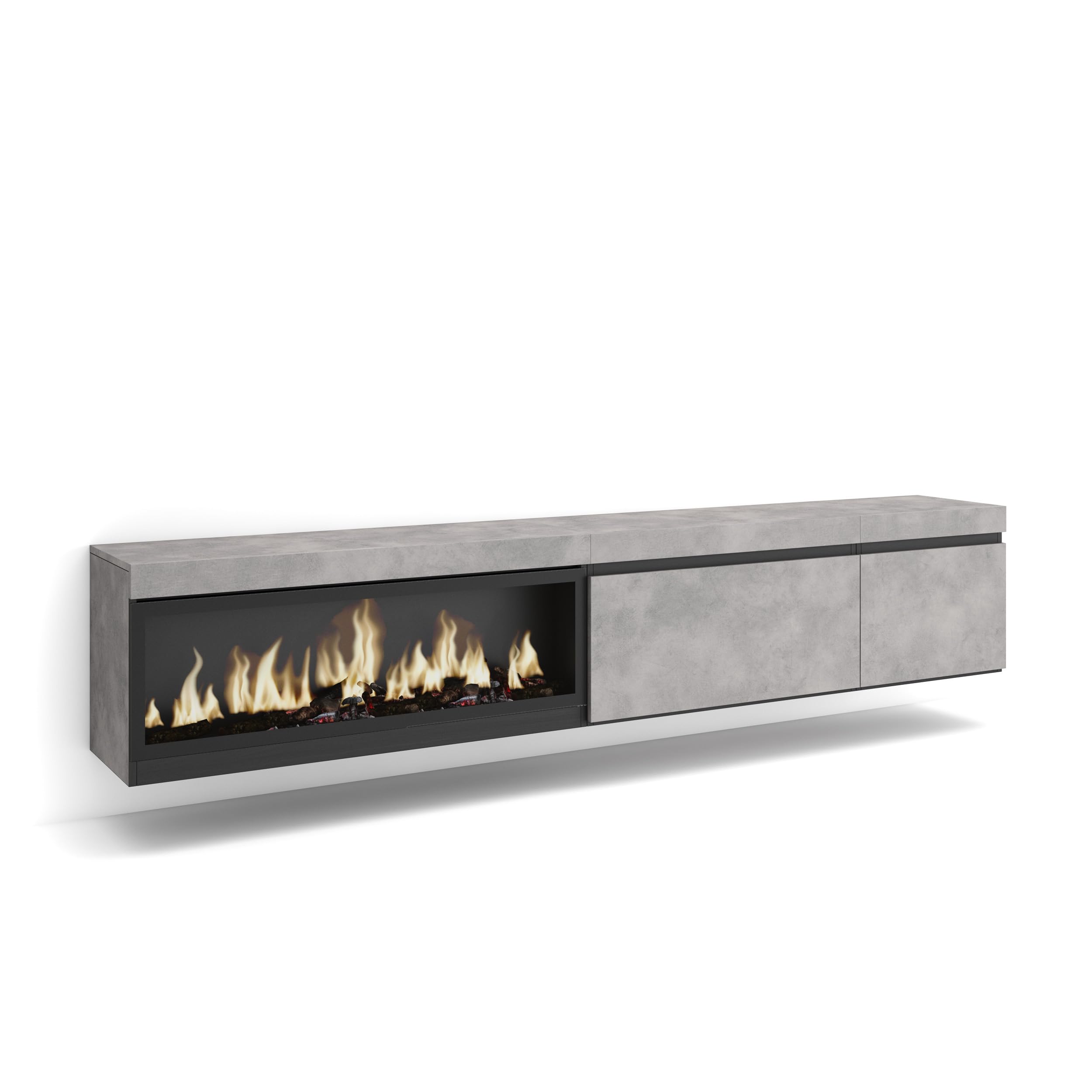 Skraut Home | Mueble TV | Televisión | Muebles de salón, almacenaje | 237x45x35 cm | para TV Gran Formato | Chimenea eléctrica XXL | Colgado, Suspendido | Estilo Moderno | Cemento