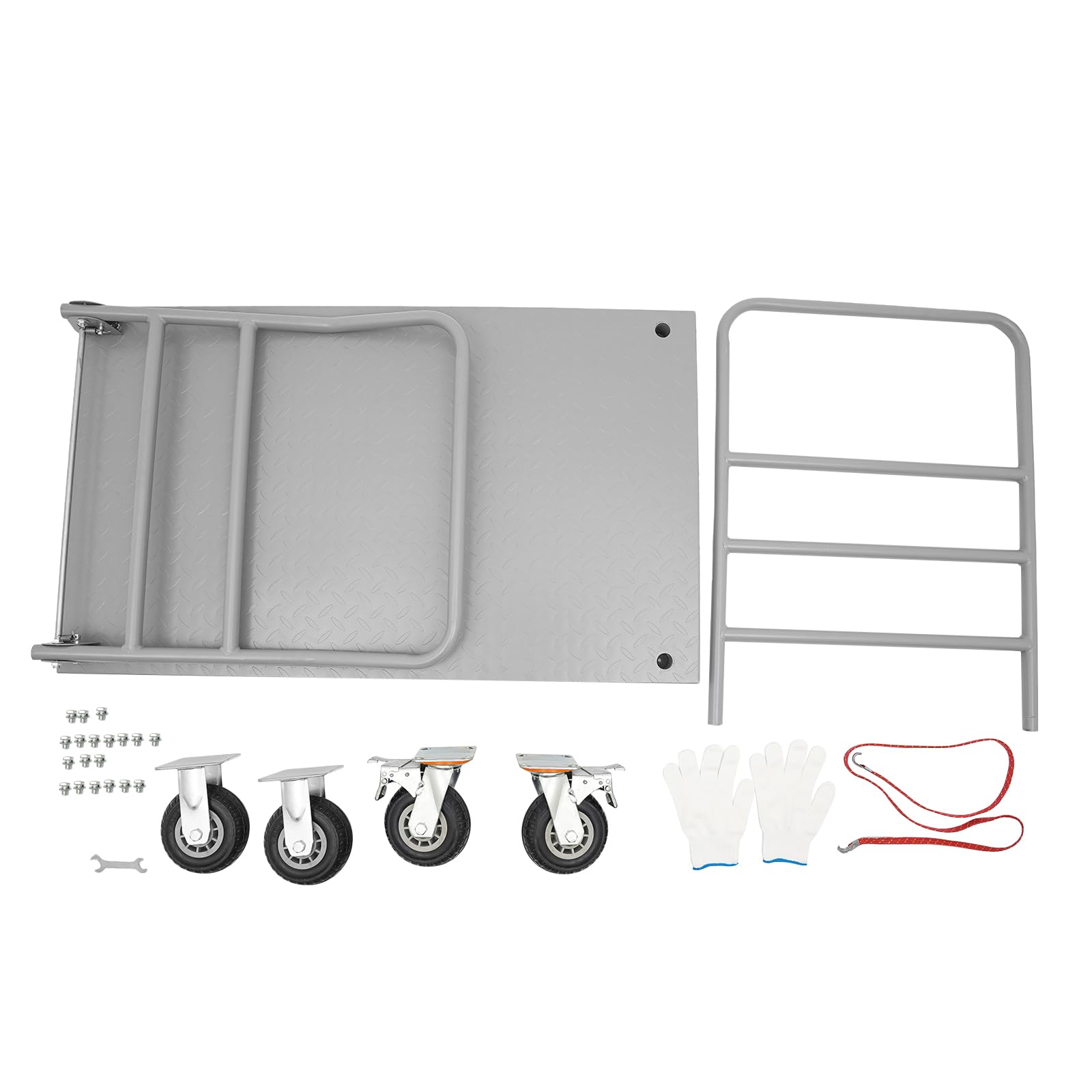 Plattformwagen bis 907kg,Transportwagen mit klappbar Griff abnehmbarer Schutzbügel,106.68x63.5cm Antirutsch-Ladefläche & 4xø15.62cm Gummiräder mit 2 Bremsen,Plattformwagen für Baustelle Lager Logistik