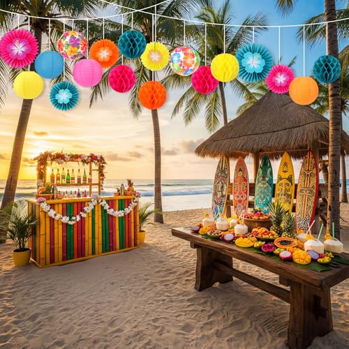 Image of Retisee 18 Pcs Summer Hawaiian Party Decorations Tropical Hibiscus Party Decorations Kit Colorful Hibiscus Flower Paper Lanterns Flower Hanging Paper Fans Luau Honeycomb Ball for Decor Supplies