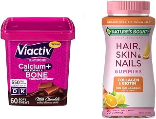 Viactiv Calcium +Vitamin D3 Supplement Soft Chews, Milk Chocolate, 60 Chews & Nature's Bounty Optimal Solutions Hair, Skin & Nails with Biotin and Collagen