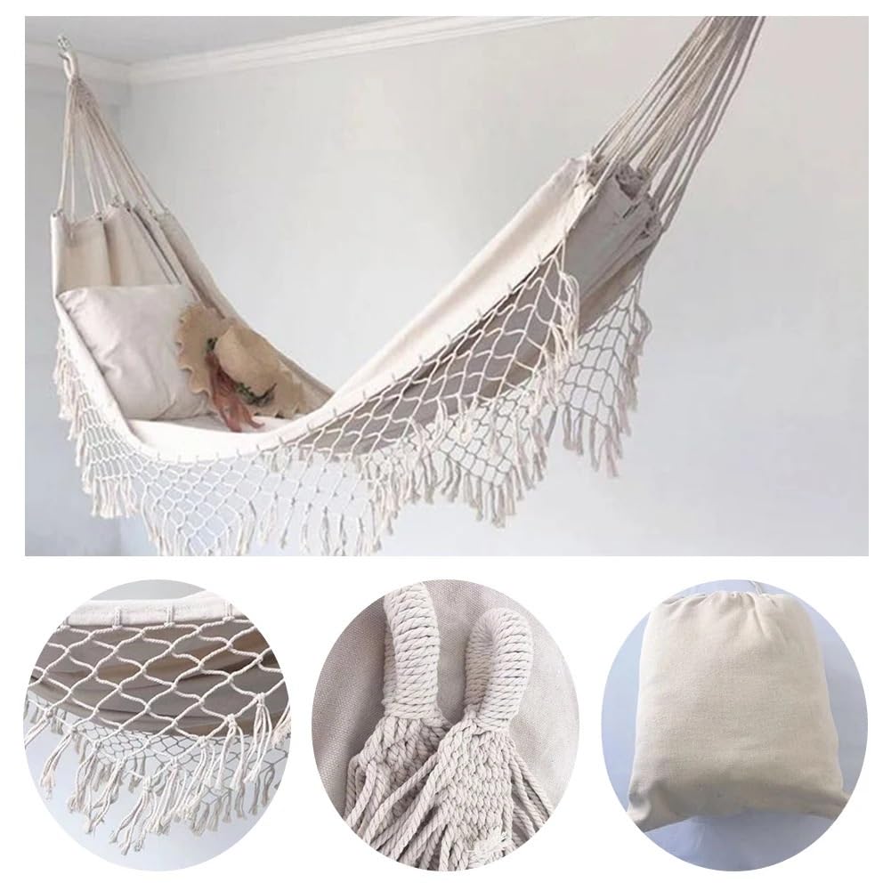 Hamacas Camping Hamaca para 2 Personas de 200x100cm con Flecos de macramé, Hamaca Doble, Columpio, Silla de Red, Columpios Colgantes para Exteriores Hamac de Jardin