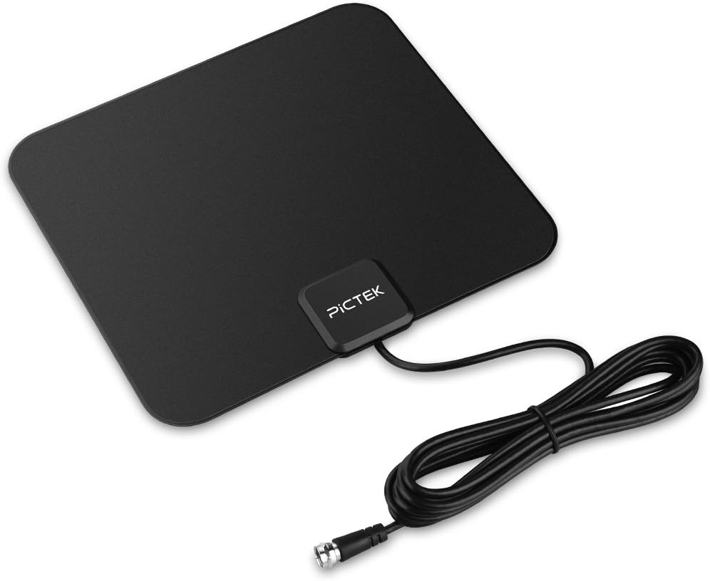 Pictek Amplified HDTV Antenna 25Miles Long Range, Flat HD Indoor Digital TV Antenna with Thicker AL Material & Amplifier for Signal Enhance, 10 Feet Cable, Black