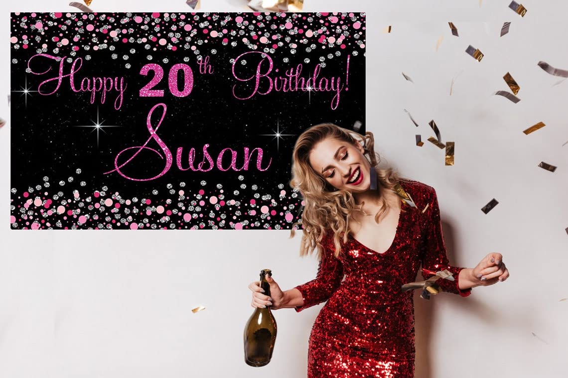 Happy Birthday Backdrop Background Banner Any Name, Any Age Black and Pink Sign Poster Large Fabric Glitter Cloth Curtain Party Decoration Supplies Man Woman Children Party