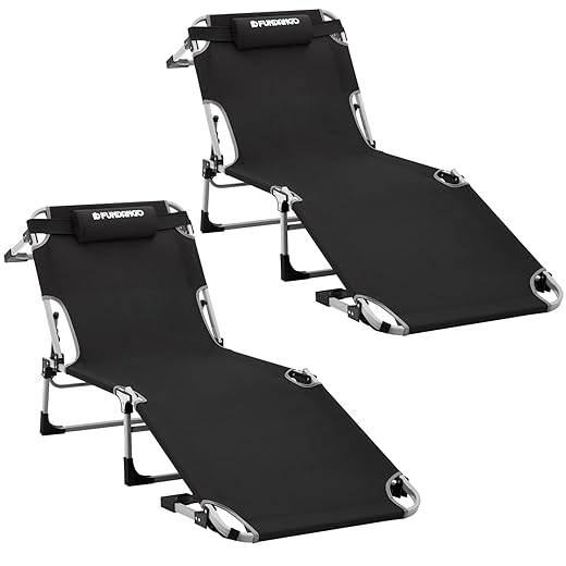 FUNDANGO Folding Outdoor Chaise Lounge Chair, 5-Position Adjustable Lounge Chair for Lawn, Patio, Beach, Sunbathing, Deck, Portable Heavy-Duty Camping Reclining Chair with Pillow, Black