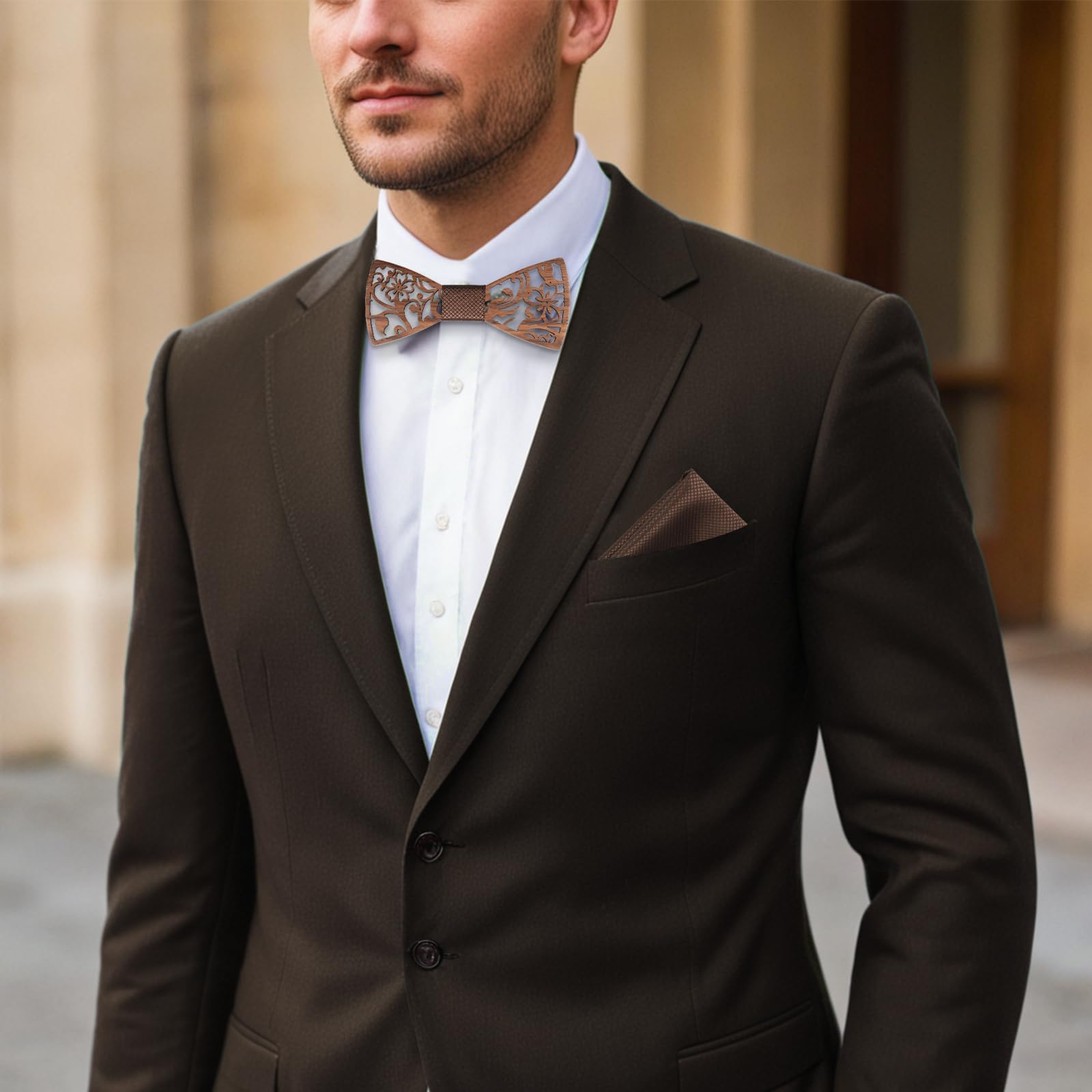 Mr.Van Noeud Papillon Bois les hommes, Naturel Noir Noyer Creux Sculpture Fleurs, Coffret en Bois (comprenant Boutons de Manchette,Mouchoir et Noeud papillon) pour Groomsman de Mariage Business