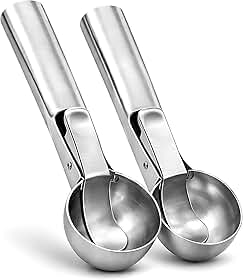 Kit 2 Colheres de Sorvete Inox com Gatilho Ejetor Profissional Concha Boleadora Aço Inoxidável Resistente Cabo Ergonômico Pegador de Sorvete Brigadeiro Massas Cookie Trufas Utensílio Cozinha Premium