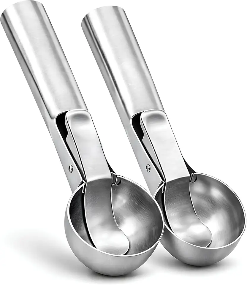 Kit 2 Colheres de Sorvete Inox com Gatilho Ejetor Profissional Concha Boleadora Aço Inoxidável Resistente Cabo Ergonômico Pegador de Sorvete Brigadeiro Massas Cookie Trufas Utensílio Cozinha Premium