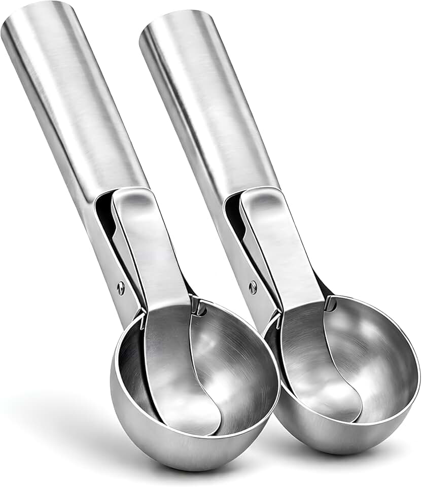 Kit 2 Colheres de Sorvete Inox com Gatilho Ejetor Profissional Concha Boleadora Aço Inoxidável Resistente Cabo Ergonômico Pegador de Sorvete Brigadeiro Massas Cookie Trufas Utensílio Cozinha Premium
