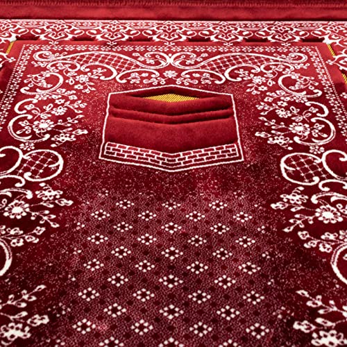 Modefa Turkish Islamic Velvet Prayer Rug - Thick & Wide Soft Praying Carpet For Men & Women - Large Prayer Mat - Eid & Ramadan Gift - With Kufi Cap, Beads & Car Hanger - Double Plush (Kb Red) #TOP5
