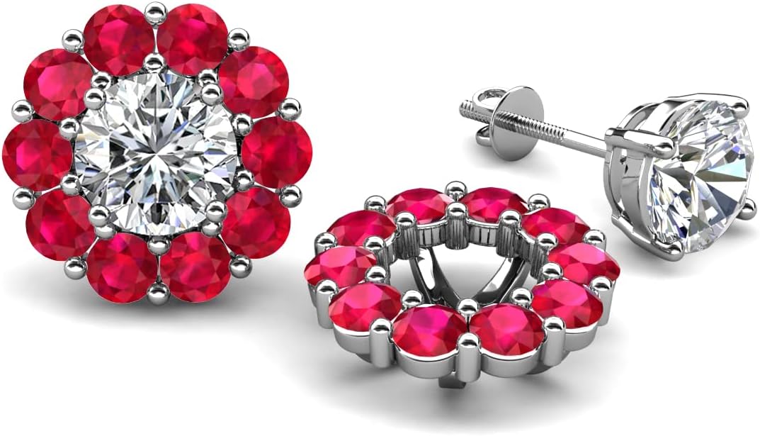 Round Ruby 2.10 ctw Halo Jackets for Stud Earrings in 14K Gold