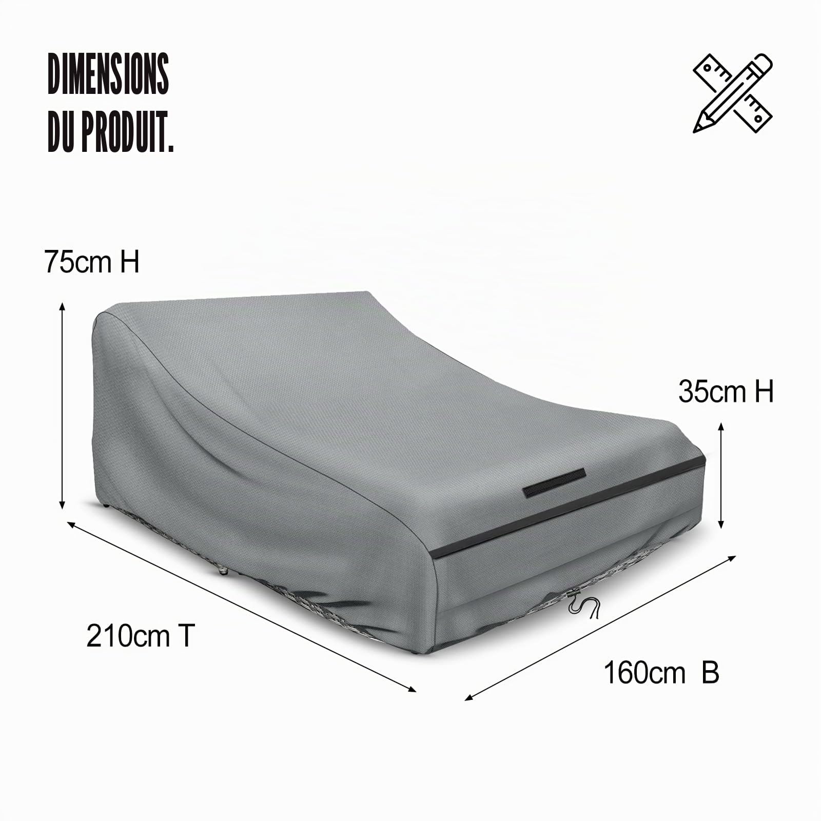 Schleuder Housse de chaise longue pour 2 personnes 210x160x35/75 cm, couverture 420D, double transat extérieur, imperméable, double transat, relaxant, coupe-vent, résistante aux UV