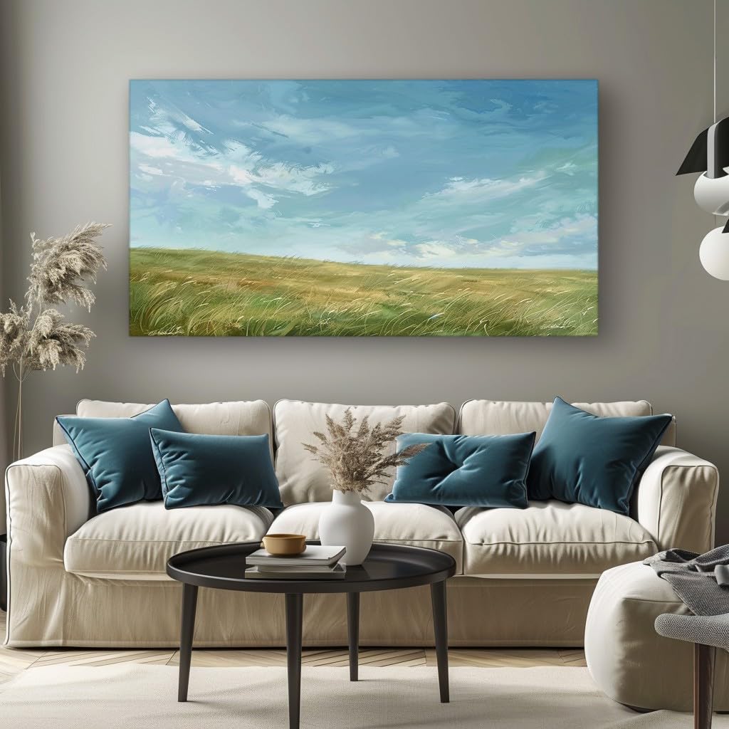 MKBKLI Abstract Canvas Wall Art for Living Room Blue Sky Grassland Paintings for Bedroom, Office, Kitchen - Home Decor Pictures, 50x100cm