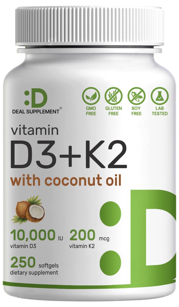 DEAL SUPPLEMENT Vitamin D3 10,000 IU + K2 MK7 200mcg Softgels, 250 Count | 2-in-1 Complex with Virgin Coconut Oil | Supports Heart, Bone, Teeth & Immune Health* | Easy to SwallowDEAL SUPPLEMENT Vitamin D3 10,000 IU + K2 MK7 20…