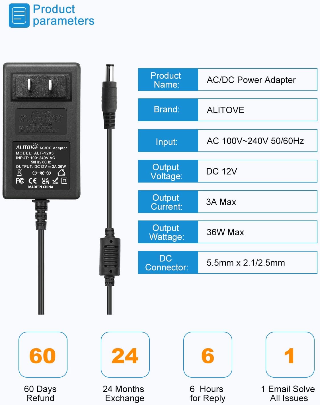 ALITOVE 12V DC Power Supply 12 Volt 3A 36W Power Adapter 100~240V AC to DC 12V Converter 3Amp 2.5A 2A AC/DC Adapter Transformer with 5.5mmx2.5mm Plug for LED Light DVR NVR Cameras BT Speaker,5-Pack