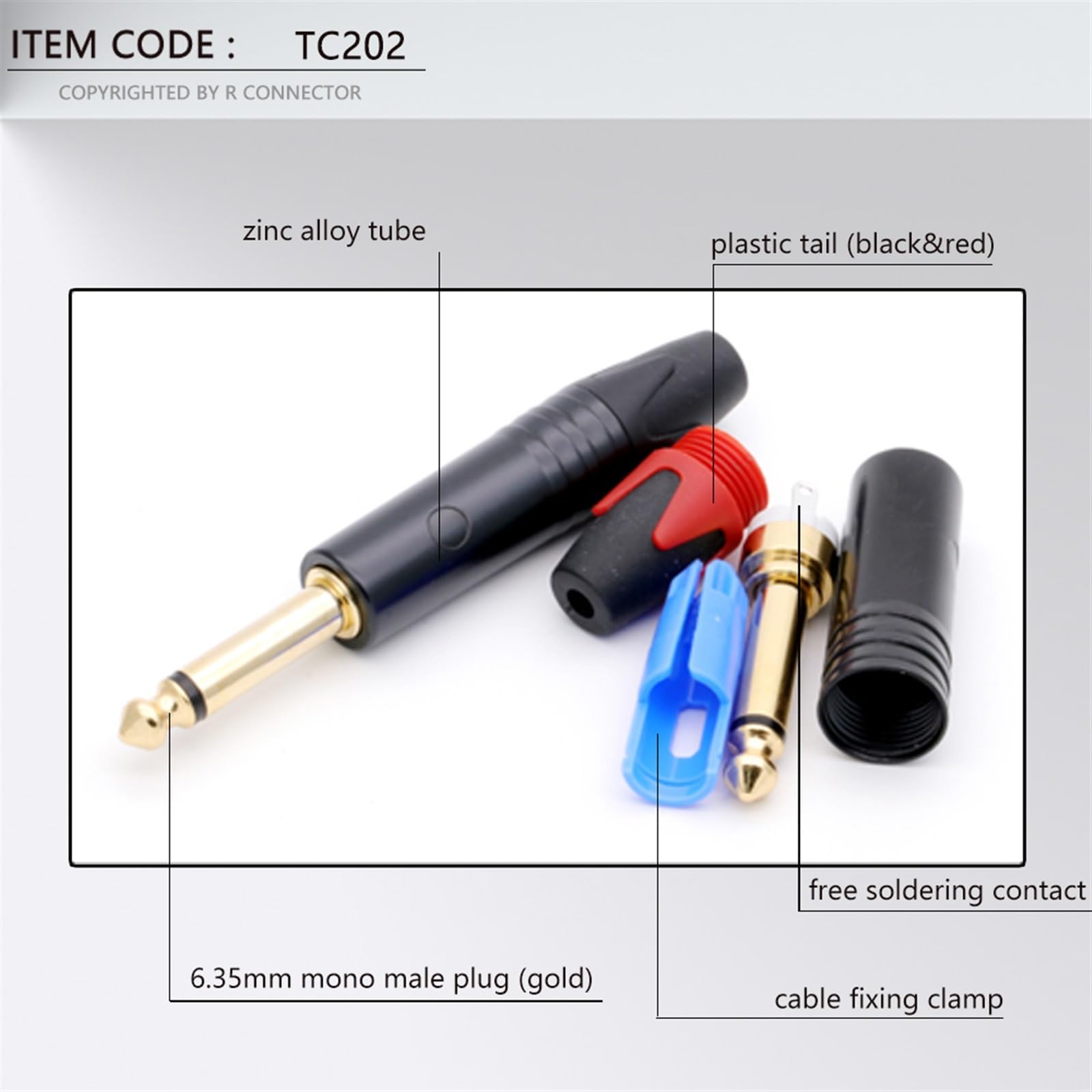 Connettore mono jack da 6,35 mm, connettore maschio da 1/4" e 6,3 mm, connettore per cavo di saldatura, connettore per microfono in ottone, 2 pezzi (1 nero, 1 rosso)