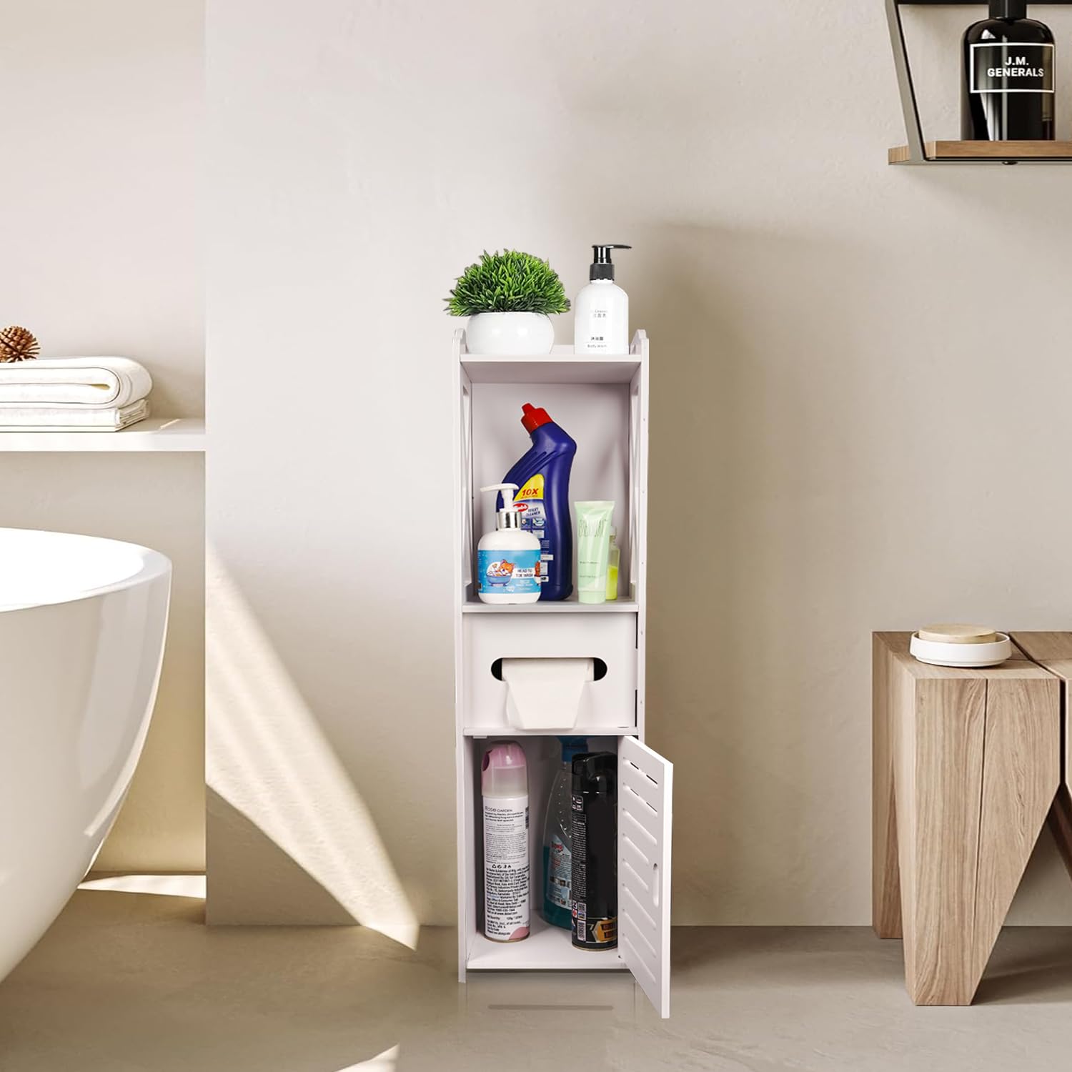 ADA Handicraft PVC Waterproof Bathroom Storage Cabinet for Toilet Paper Holder - Freestanding Bathroom Organizer - Size (20 x 20.5 x 80 cm) - [Wooden Finish] White (B0CZTVZV1B) Amazon Price History, Amazon Price Tracker