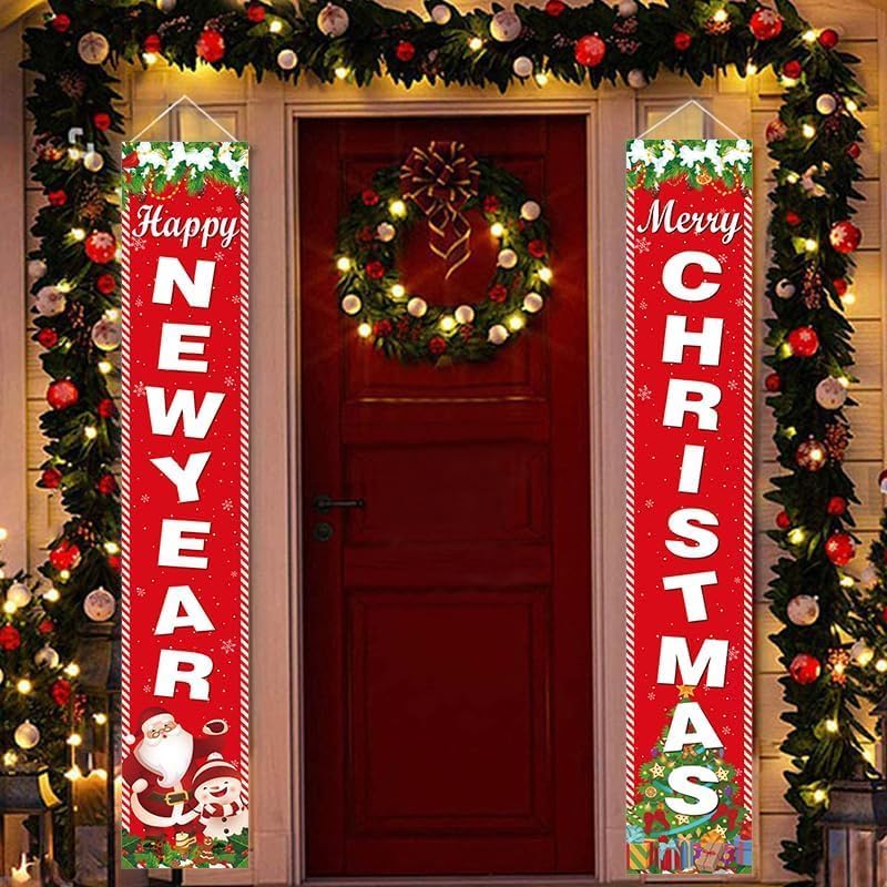 Miniatura 5 de ZABARE 2 carteles de puerta con texto en inglés Merry Christmas de 70.8 x 11.8 pulgadas, letrero de Navidad para porche delantero, decoraciones de
