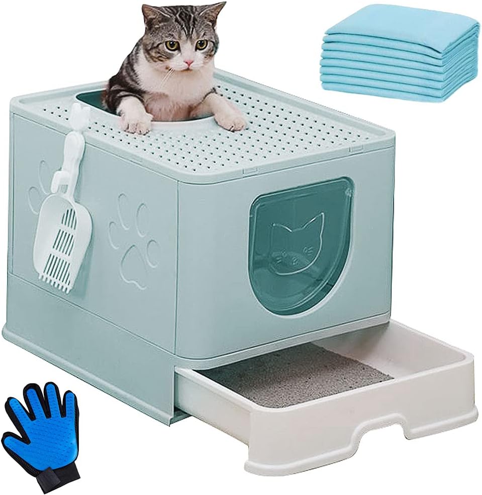 kathson Caja de arena grande plegable para gatos con tapa, orinal cerrado para gatos con cajón de entrada superior, suministros de inodoro para