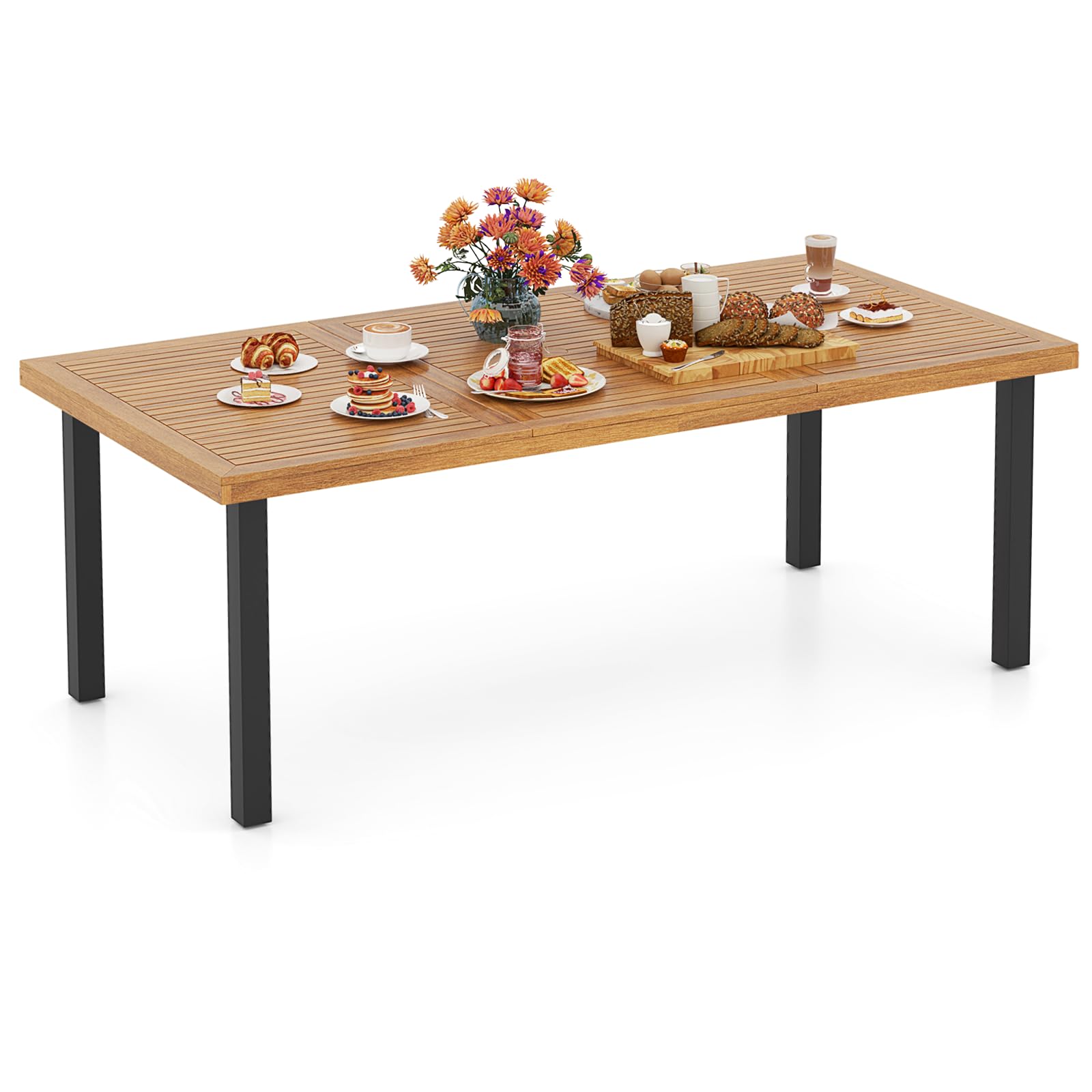 KOMFOTTEU Mesa de Jardín de Madera de Acacia, Mesa de Comedor con Agujero para Sombrilla, Mesas Rectangular para 8 Personas, 200 x 90/100 x 75 cm, para Terraza, Balcón, Patio (Modelo C)