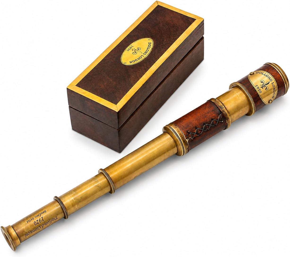 Vintage Brass Marine Telescope with Leather & Wood Handle Pirate Spyglass in Wooden Box Nautical Collectible Scope for Hiking, Camping, Home Decor