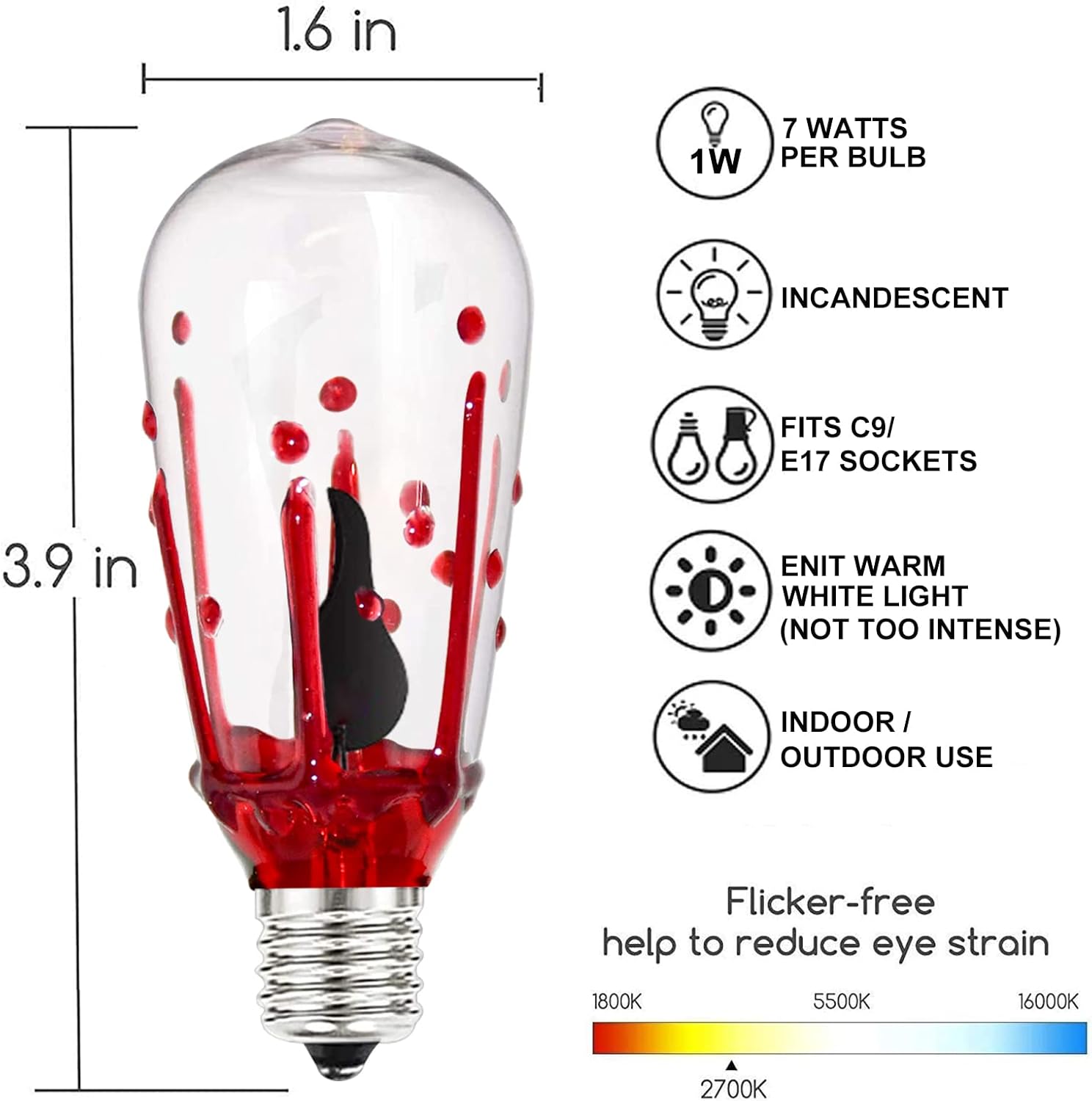 Abeja ST40 Flicker Flame Light Bulbs, Halloween Replacement Bulbs with Flame and Blood and Tears, 1 Watt E17 Screw Base, ST40 Replacement Light Bulbs for Halloween Decorations-10 Pack