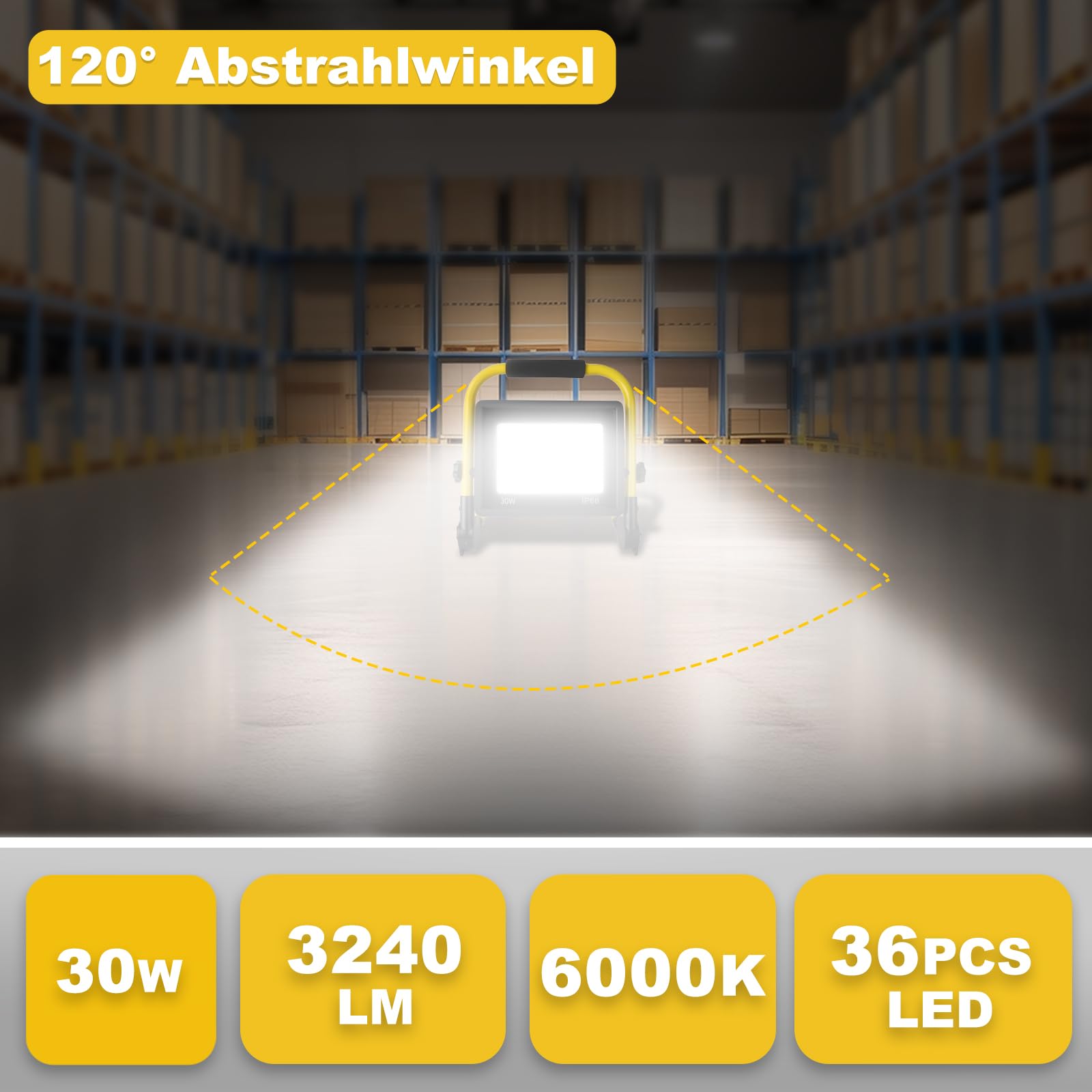 30W Led Baustrahler,3240LM Superhelle Arbeitsleuchte,Tragbares Baustrahler,6000K TageslichtWeiß,Ip66 Wasserdicht,Eu-Stecker Bauleuchten mit 3.5M Kabel und Schalter für Werkstatt,Garage,Garten