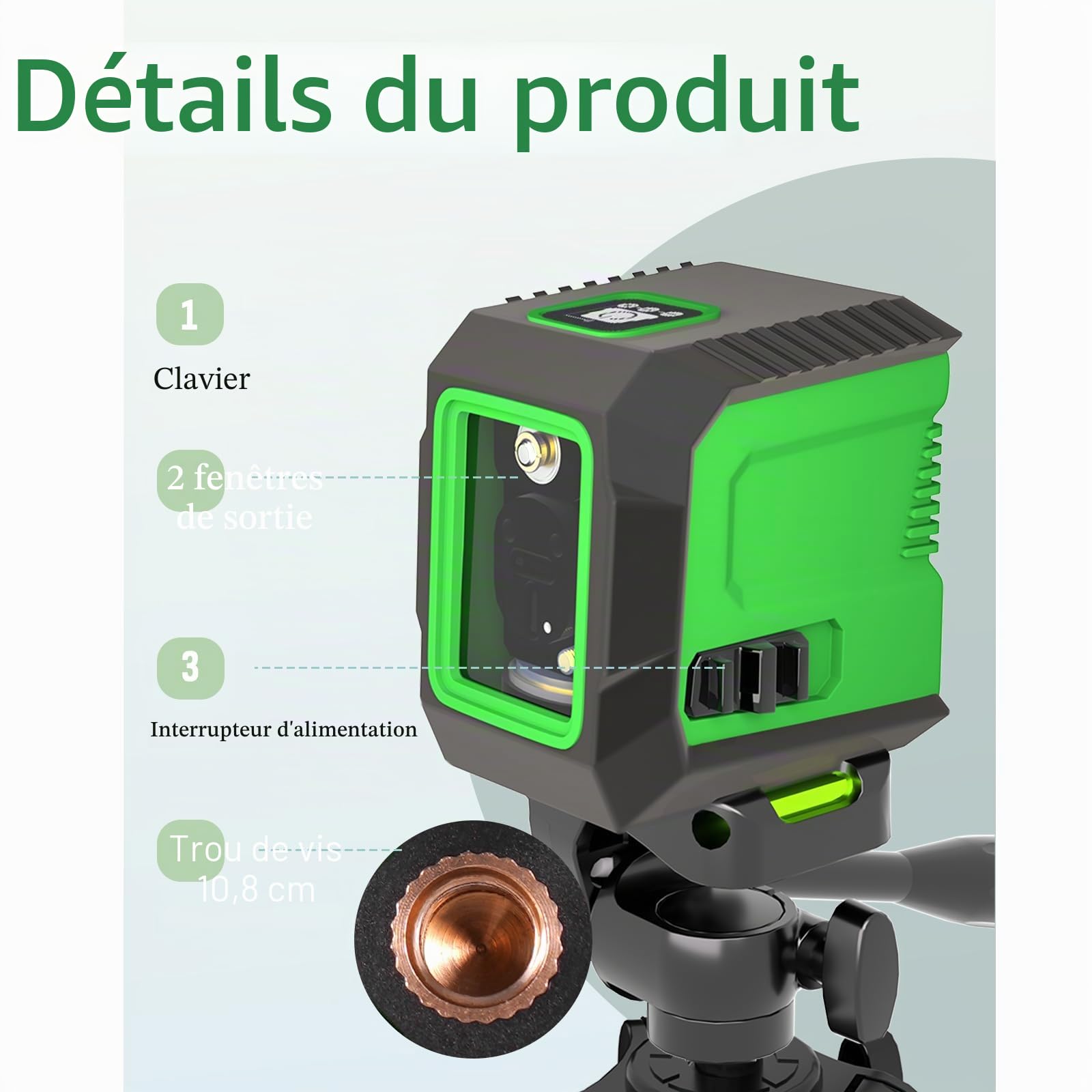Niveau Laser 360° avec Trépied de 127 cm, Lignes Croisées Auto-nivelantes Vertes, Outil Laser Horizontal et Vertical pour Accrocher des Tableaux, Rénovation Domicile – Piles AA et Pochette incluses