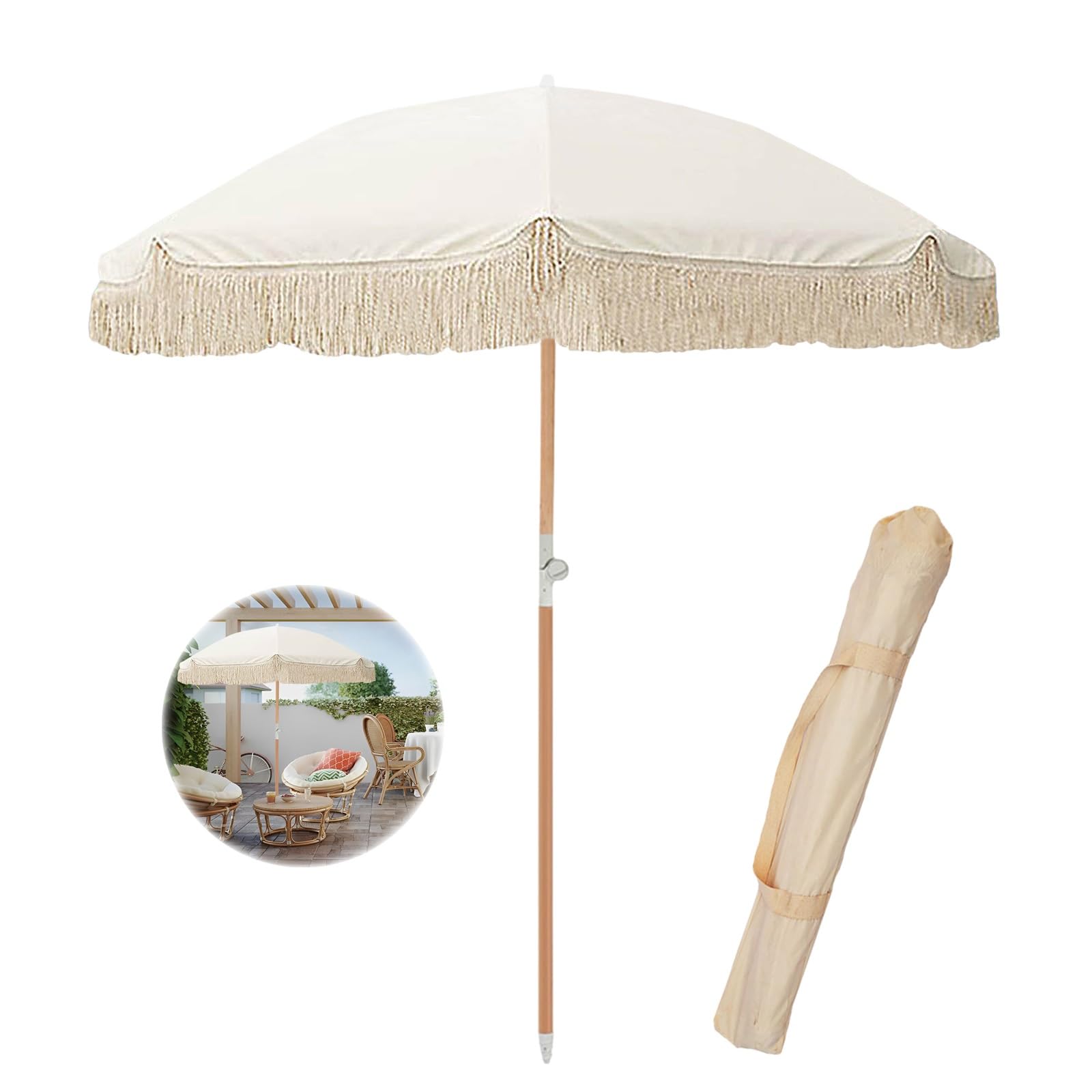 200cm Sombrilla Terraza Exterior Sombrilla Playa Grande Con Flecos Parasol Terraza Inclinación Sombrilla De Mesa Proteccion Uv Parasol Plegable Impermeable Con Bolsa De Transporte
