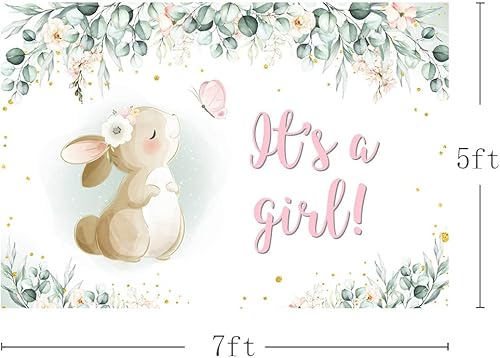 Miniatura 3 de MEHOFOND Fondo para decoración de fiesta de baby shower, de 7 x 5 pies, pancarta de primavera de Pascua, rosa, floral, mariposa, conejo, hojas de
