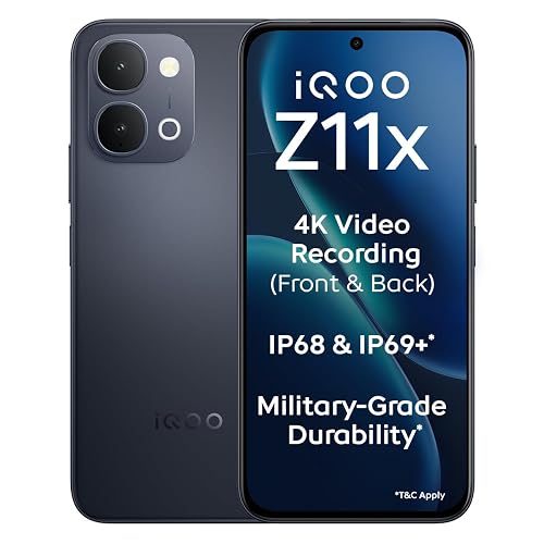 iQOO Z11x 5G (Titan Black, 8GB RAM, 256 GB Storage) | Dimensity 7400-Turbo Processor | 7200 mAh Battery | 4K Video Recording Front & Back | IP68 & IP69+ | Powered by OriginOS 6