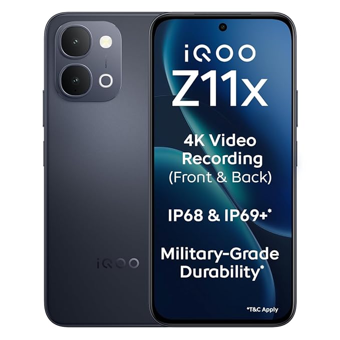 iQOO Z11x 5G (Titan Black, 8GB RAM, 128 GB Storage) | Dimensity 7400-Turbo Processor | 7200 mAh Battery | 4K Video Recording Front & Back | IP68 & IP69+ | Powered by OriginOS 6