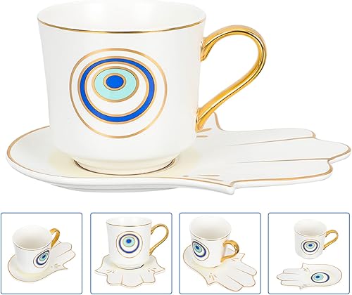 Miniatura 7 de Angoily Juego de tazas de té, tazas de café con leche contra el mal de ojo: taza de café de cerámica, taza de té griega árabe turca con platillo de