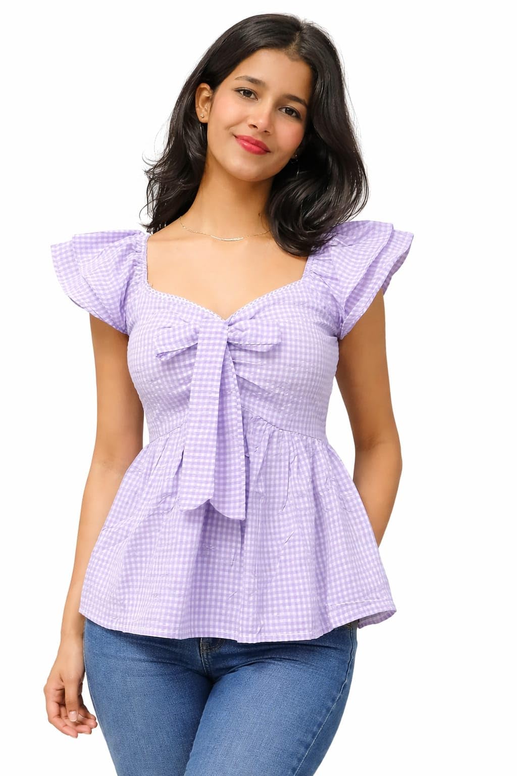 Women's Gingham Peplum Top with Bow, Ruffle Sleeves, Lavender-picture-38