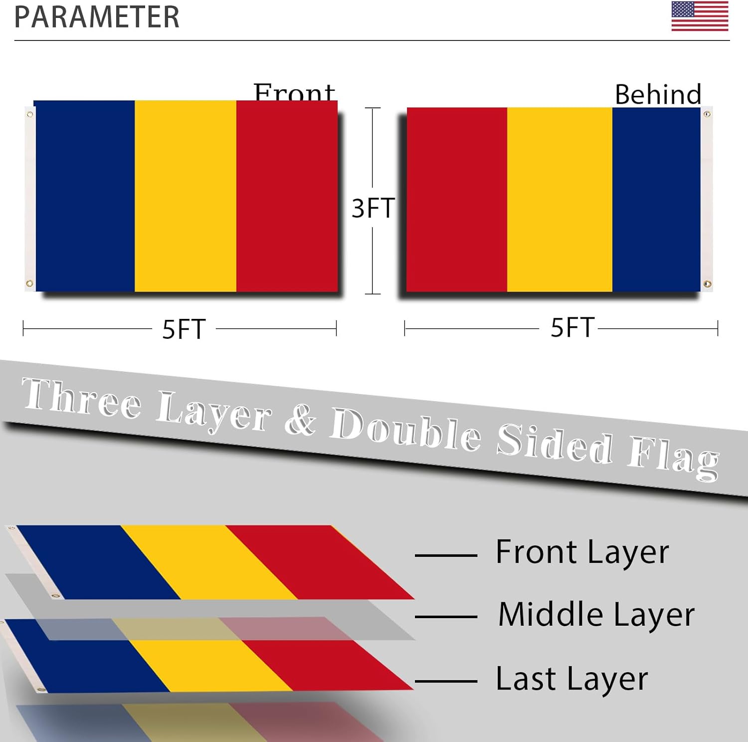 Romania Flag 3x5 Romanian National Flags Double Sided Three Layer 240D Polyester Fiber Bright Color with Durable Canvas Header and 2 Non Fading Brass Grommets