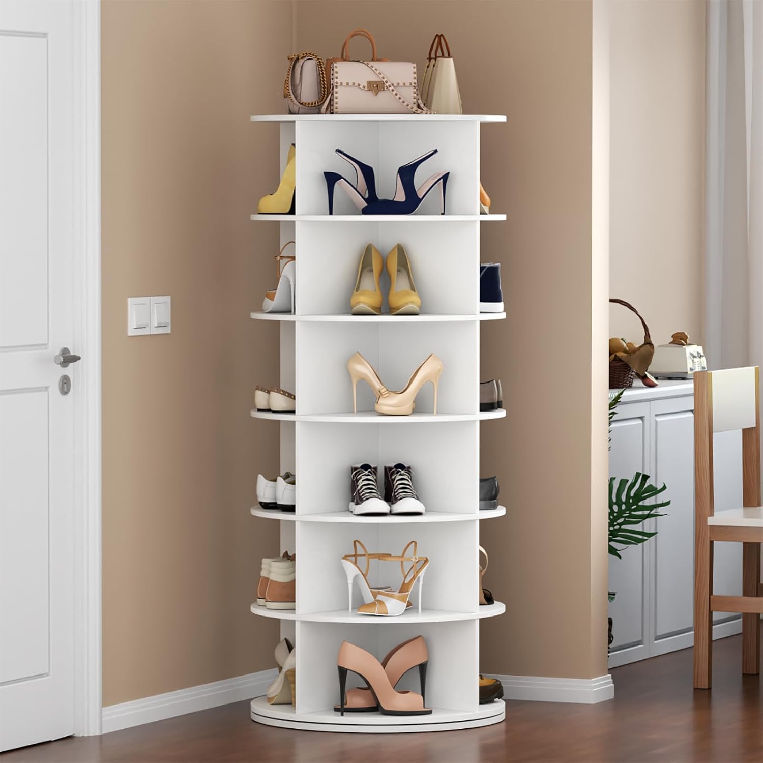 STIKELY 6 Tier Rotating Shoe Rack, 360° Spinning Shoe Rack Tower, Lazy Susan Storage Tower, Free Standing Revolving Shoe Organizer for Entryway, Living Room, Bedroom, Hallway (White)