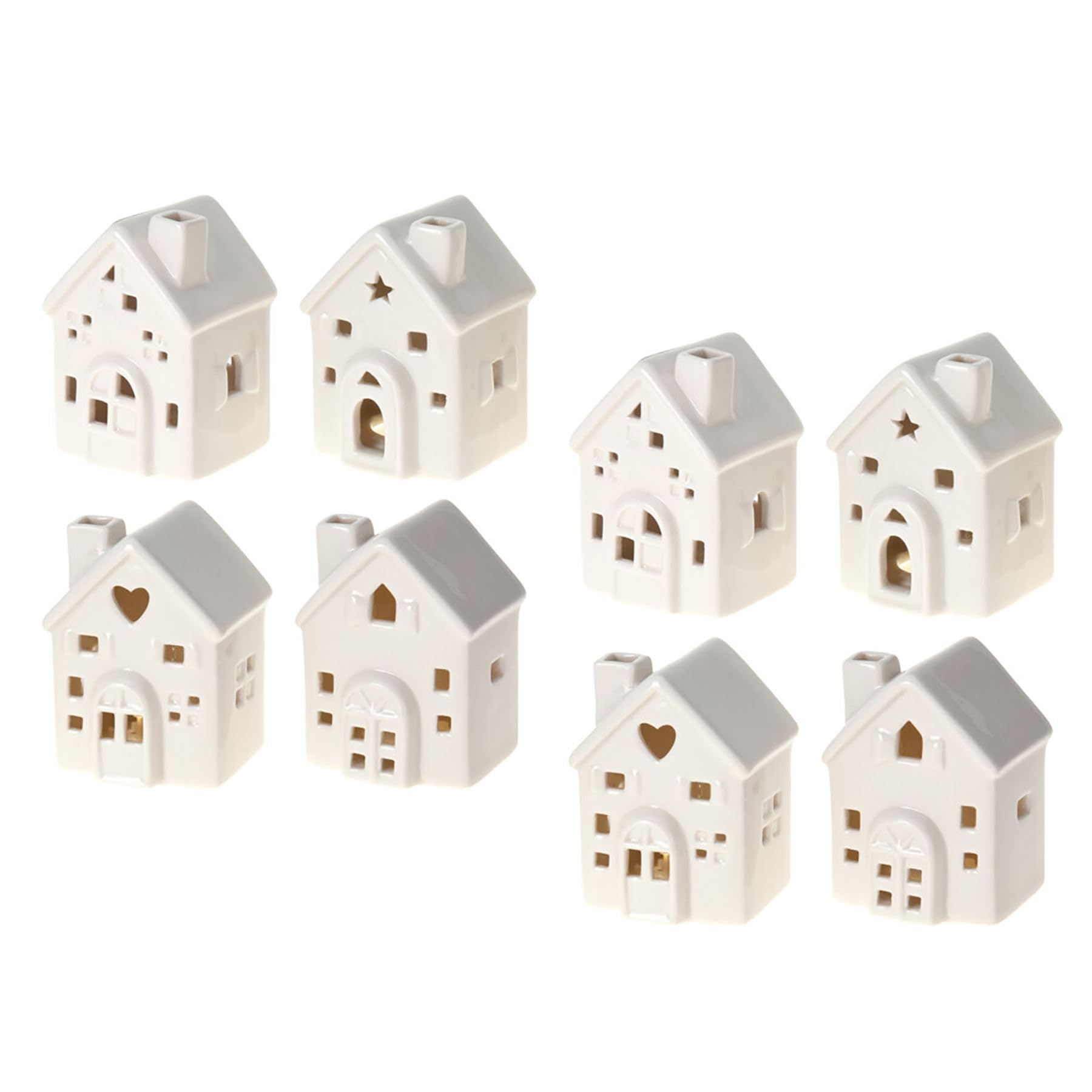 Carousel Home Pack of 8 Mini LED White Ceramic Houses | Christmas Village Light Up Houses | Festive Night Light Decorations - Design Varies
