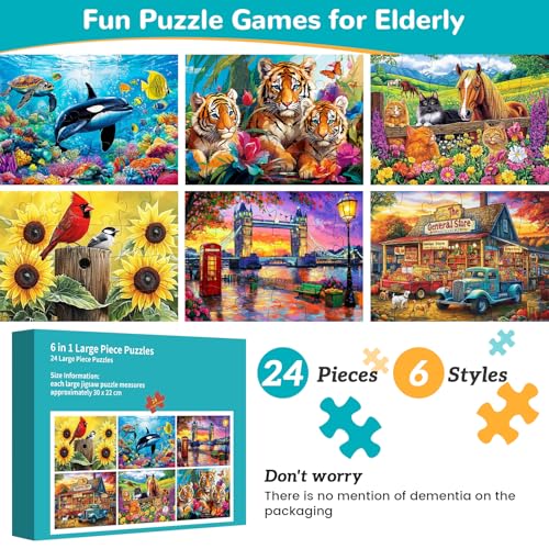 6 Packs 24 Large Piece Puzzle for Seniors,Dementia Alzheimer's Products Activities for Elderly Adults,Easy Puzzle Alzheimer’s Memory Cognitive Game Gift for Patient in Nursing Home with 6 Storage Bags - Image 2