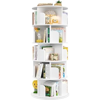 iSunirm 5 Tier Rotating Bookcase Rotating Bookcase Tower Wooden Round 360 Degree Rotating Bookcase Corner Organizer for Small