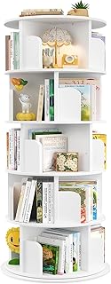 Livraria de 5 níveis giratória 360°, estante de canto de pé de madeira, organizador multifuncional, estante de pé para salão, estúdio e quarto, branco