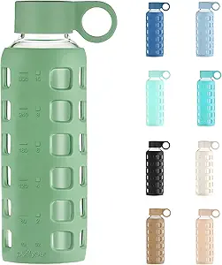 purifyou 40oz / 32oz / 22oz / 12oz Borosilicate Glass Water Bottle with Time & Volume Markers, Silicone Sleeve, Stainless Steel Lid | Reusable Glass Bottle for Water & Juice (12oz Shale Green)