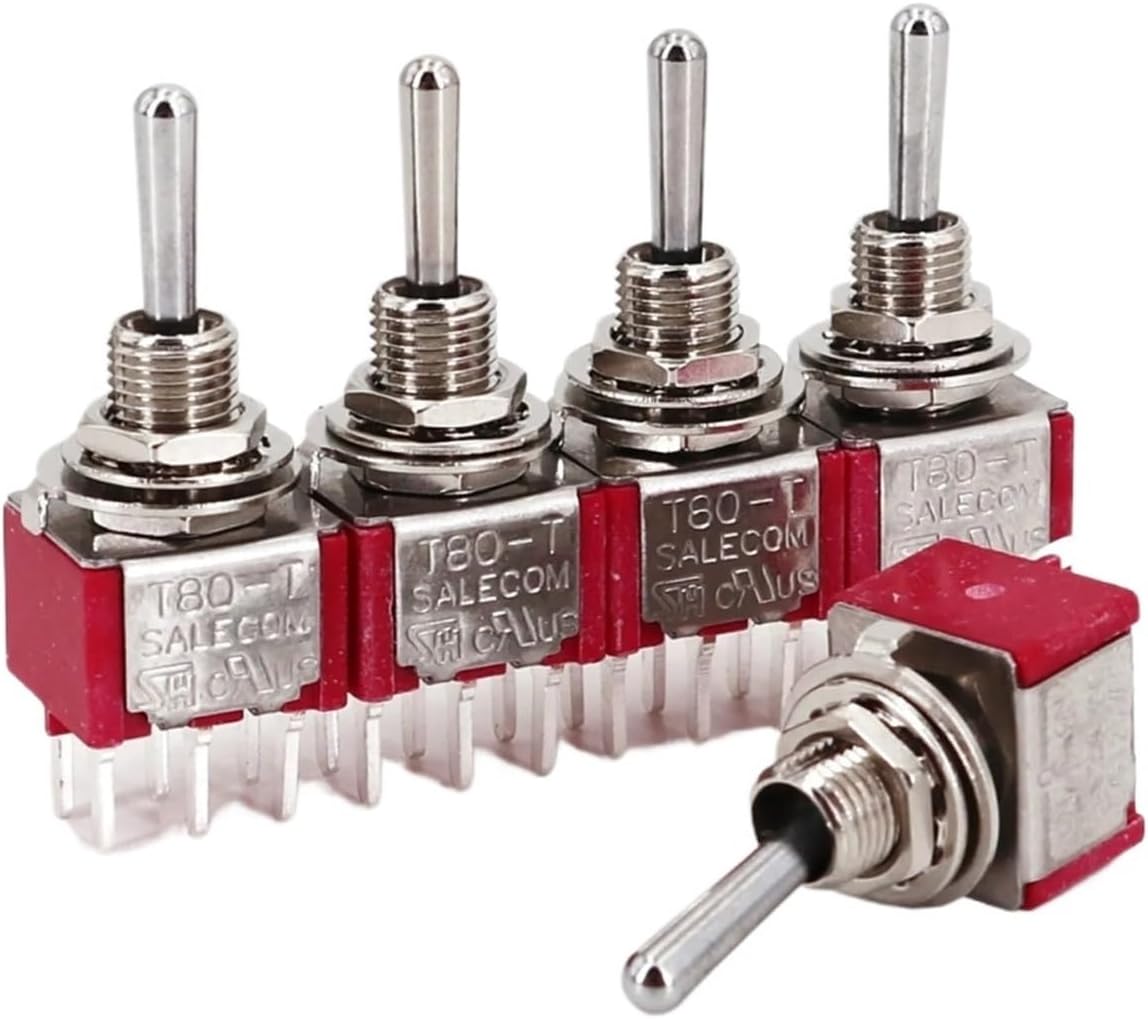 5Pcs T8012-SECQ Standard Handle PCB Version 6Pin ON-OFF-ON Latching DPDT 6.35mm Toggle Switch