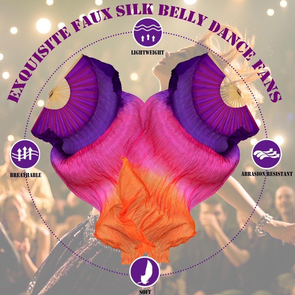 Women's Belly Dance Faux Silk Fans 1 Pair Dancing Long Bamboo Fans Veils for Dance Performances Length 180cm Width 90cm - Image 5