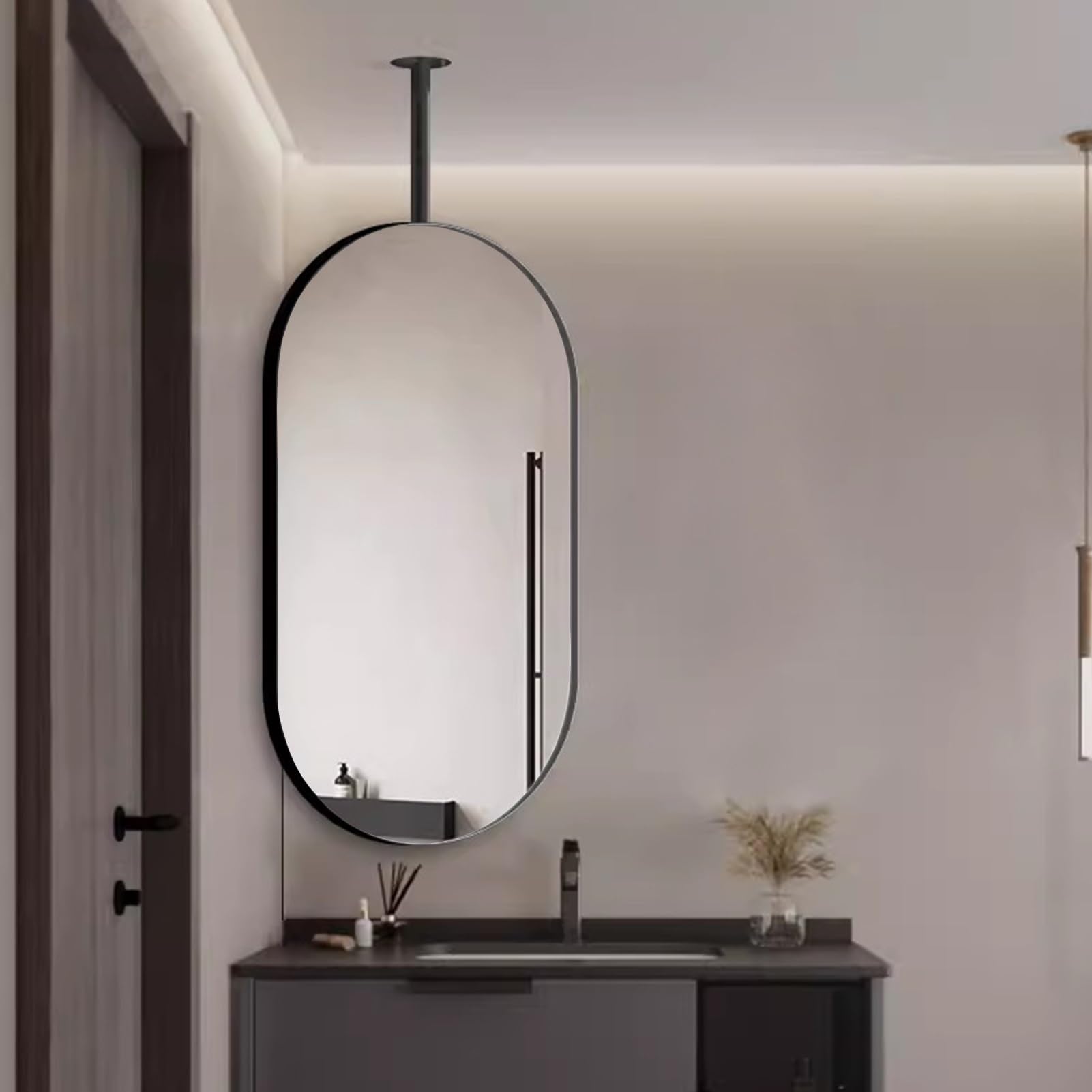 BKSXSOP Black Oval Mirror, Wall Mounted Bathroom Vertical Hanging Ceiling Rod Mirror for Living Room, Bedroom, Entryway - Double Poles Can Be Customized (Size : 40cmx60cm)