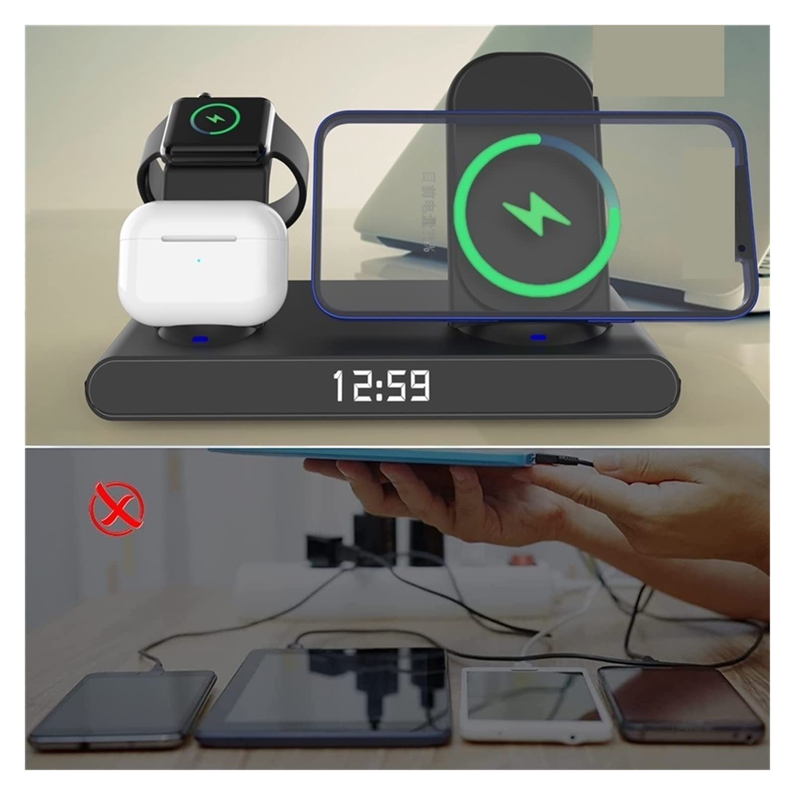 6 en 1 30W Rapide Chargeur sans Fil Horloge Pad for Support de Charge Qi for Montre écouteur Compact et Puissant(White with Plug)